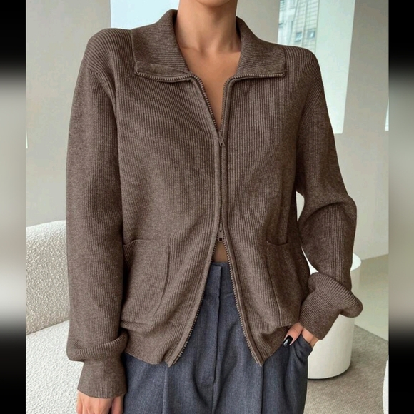 Women Casual Vintage Solid Color Zipper Cardigans, Autumn - Picture 3 of 4